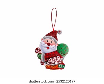 Christmas Ornament featuring a cheerful Santa Claus holding a bag and a candy cane, adorned with colorful patterns and the message "Merry Christmas," perfect for holiday decorations. - Powered by Shutterstock