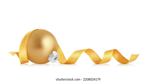 Christmas ornament isolated on white background. Gold christmas ball with ribbon. - Powered by Shutterstock