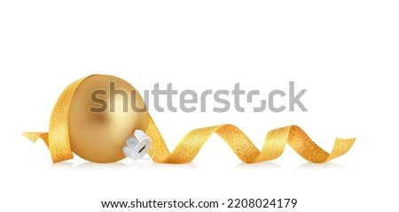 Christmas ornament isolated on white background. Gold christmas ball with ribbon.