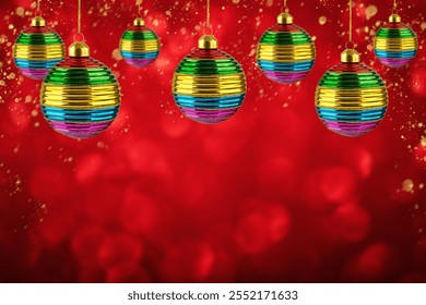 Christmas ornaments ball rainbow colors hanging over red glittering defocused background decorated with garland lights and falling snow with copy space. Banner, website header, poster. - Powered by Shutterstock