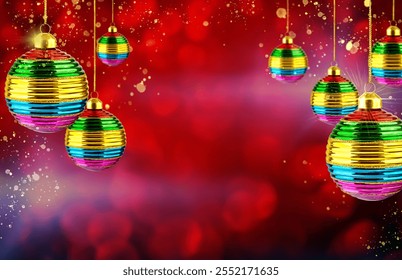 Christmas ornaments ball rainbow colors hanging over red glittering defocused background decorated with garland lights and falling snow with copy space. Banner, website header, poster. - Powered by Shutterstock