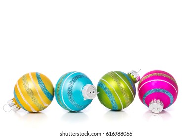 Christmas Ornaments Or Baubles On White Background With White Copy Space