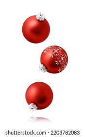 Christmas ornaments isolated on white background. Set of three falling red christmas balls.