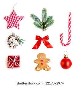 Christmas ornaments  for mock up template design with red bauble, fir tree branches, stars  and gingerbread man. Top view. Flat lay - Shutterstock ID 1217072974