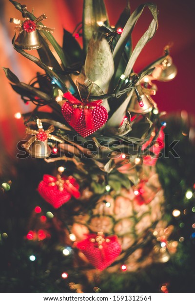 Christmas Ornaments On Pineapple Fruit Heart Stock Photo Edit Now