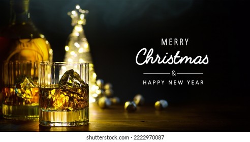 Christmas party design with holiday drink and Xmas tree . Christmas banner or greeting card design with copy space
 - Powered by Shutterstock