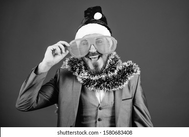 Christmas Party Office. Corporate Holiday Party Ideas Employees Will Love. Corporate Christmas Party. Man Bearded Hipster Wear Santa Hat And Funny Sunglasses. Manager Tinsel Ready Celebrate New Year.