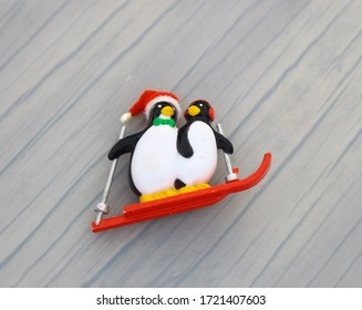 Christmas Penguin Skiing Enamel Brooch 