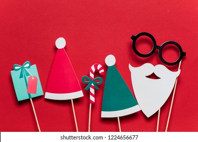 Christmas Photo Booth Props On A Red Background