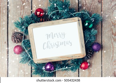 Christmas Photo Frame Mock Up Template With Decoration. View From Above