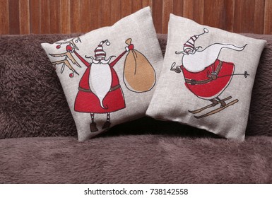 Christmas Pillows With Santa On A Sofa