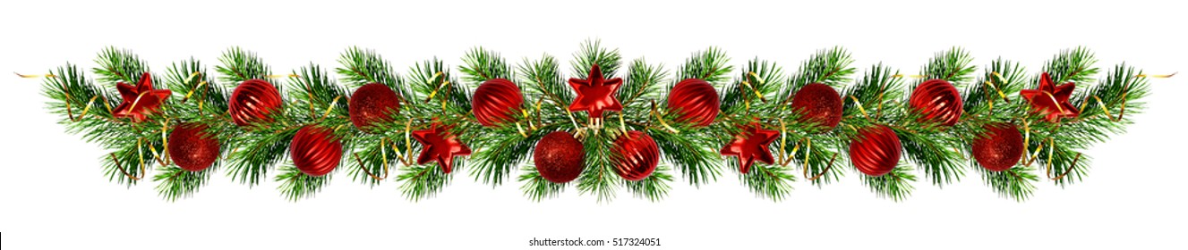 Christmas pine tree twigs and decorations garland isolated on white - Powered by Shutterstock