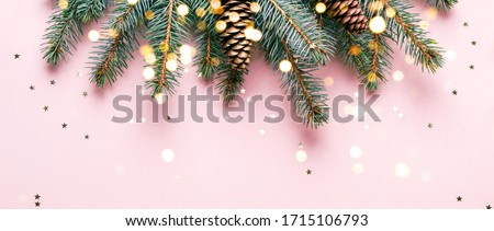 Christmas pink banner with sparkles and bokeh lights. natural Festive coniferous border with cones and confetti.