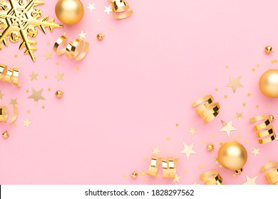 Christmas pink flatly. Many sparkling golden confetti, decorative snowflake and ribbons at pink background. Festive template with space for text.