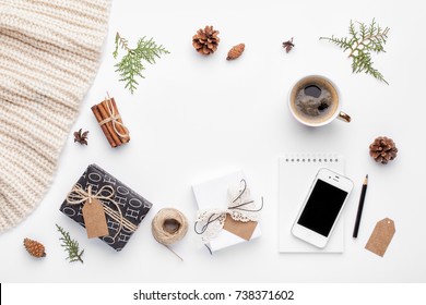 Christmas Planning Background. Prepare To Winter Holidays. Top View, Flat Lay.