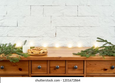 Christmas Plate With Delicious Cookies On An Old Shelf On The Background Of A White Brick Wall