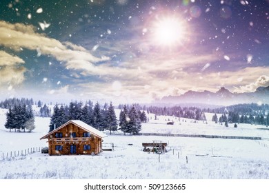 Christmas Postcard With Cozy Cabin In Heavy Winter