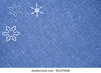 Christmas Postcard. Snowflakes Blue Linen Cloth. Winter Texture