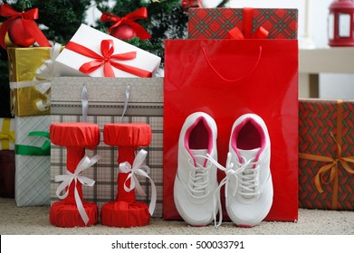 Christmas Present. Athletic Shoes For Running, Dumbbells Fitness.