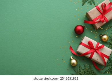 Christmas Present and red decorations at color background. - Powered by Shutterstock