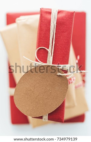 Image, Stock Photo White gift box with label on wooden table