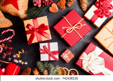 Christmas presents on dark background - Shutterstock ID 742438120
