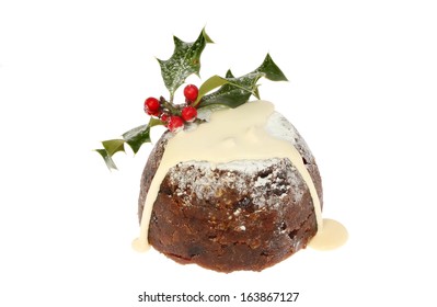 Christmas Pudding With Cream And Decorated With Holly Isolated Against White