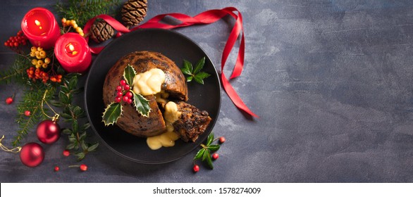 Christmas Pudding Decorated With Sprig Of Holly. Cristmas Decorations. View From Above, Top. Copy Space