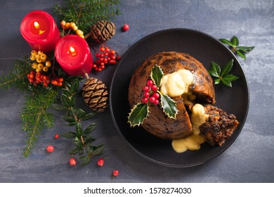 Christmas Pudding Decorated With Sprig Of Holly. Cristmas Decorations. View From Above, Top