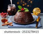 Christmas pudding, fruit cake. Traditional festive dessert. Dark background with lights garland. Close up.