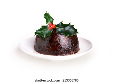 Christmas Pudding With a Sprig Of Holly Isolated On A White Background.