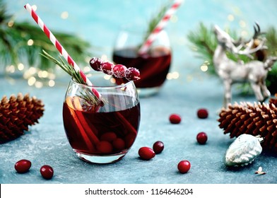 Christmas Punch On A Winter Table, Front View, Festive Warming Alcohol Concept