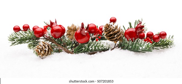 Christmas Red Berries Decoration, Berry Branch Pine Tree Cone Isolated over Winter Snow - Powered by Shutterstock