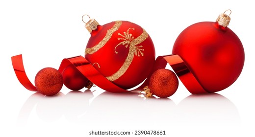 Christmas red decoration baubles and colorful streamers ribbons tape Isolated on a white background - Powered by Shutterstock