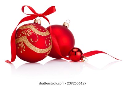 Christmas red decoration baubles with ribbon bow isolated on a white background - Powered by Shutterstock