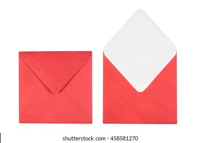 Christmas Red Envelope Isolated On White Background. Closed And Opened Envelopes