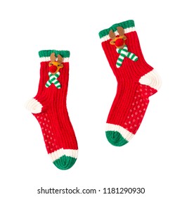 Christmas Red Green White Cute Reindeer Fuzzy Gripper Socks Isolated On White Background (clipping Path Included) For Xmas Gift, Holiday Celebration, Winter Season Or Warm Night Day