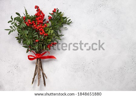Christmas red holly berries bouquet on white background, copy space