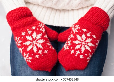 Christmas Red Knitted Mitten With Snowflake Motives 