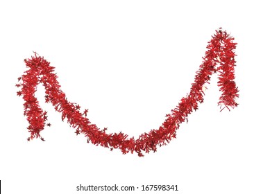 Christmas red tinsel with stars. Isolated on a white background.