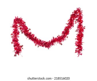 Christmas Red Tinsel With Stars. Isolated On A White Background. 