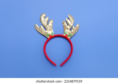 Christmas Reindeer Horns On Blue Background