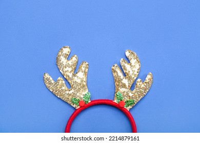 Christmas Reindeer Horns On Blue Background