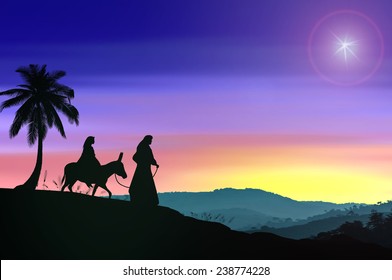Christmas religious nativity concept: Mary and Joseph with a donkey