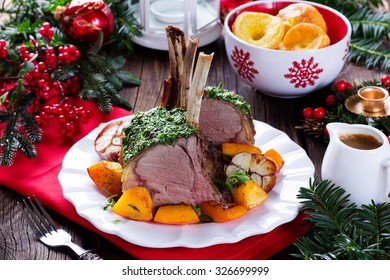 Christmas Roast Beef With Yorkshire Pudding. Festive Dinner.