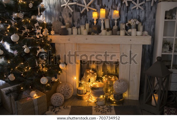 Christmas Room Fireplace Presents Under Decorated Stock Photo