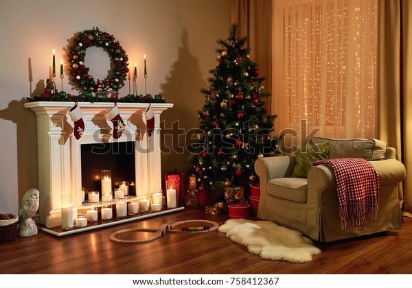 Christmas Room Interior Design Xmas Tree Interiors Stock Image