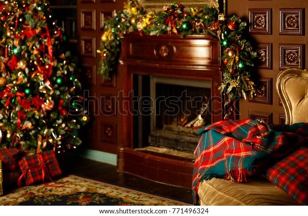 Christmas Room Christmas Tree Fireplace Interior Stock Photo