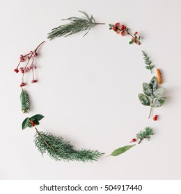 Christmas Round Frame Made Of Natural Winter Things. Flat Lay.