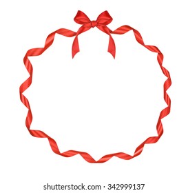 Christmas Round Frame Of Red Ribbon With Bow Isolated On White Background